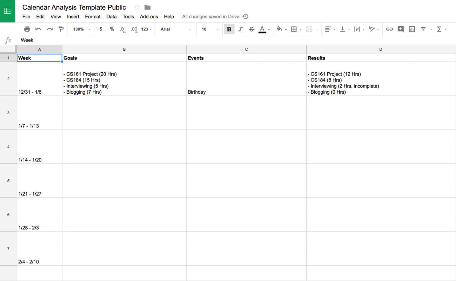 Example of my master spreadsheet
